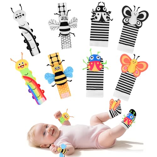 Baby Wrist Rattle & Foot Finder Set for 0-12 Months Newborn - Black-White & Colorful Bug Design Sensory Toys for Infant Brain Development - Perfect Baby Shower Gifts