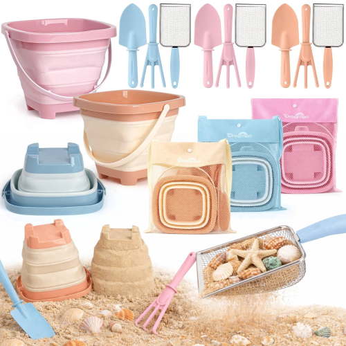 Dreamon Kids 15-Piece Collapsible Sand Bucket Set with Filtering Shovel & Mesh Shell Bag, Beach Toys for Ages 3+