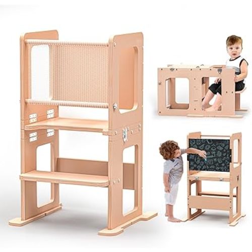 3-in-1 Toddler Tower Kitchen Step Stool with Chalkboard - Convertible Learning Standing Tower to Kids Table and Chair with Safety Protective Net, Wooden Kitchen Helper Stool for Counter & Sink
