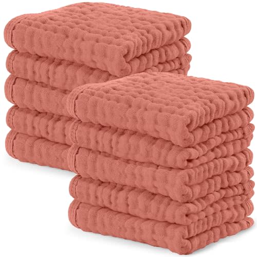 Comfy Cubs Muslin Baby Washcloths 10 Pk - Cotton Wash Cloths - Dusty Rose | Soft 6-Layer 100% Muslin Washcloths for Sensitive Skin - Gentle Absorbent Baby Cotton Washcloths for Newborns and Toddlers