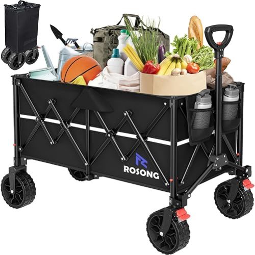 Folding Wagon Cart with Wheels Foldable - Collapsible Wagons Carts Heavy Duty, Fold Up Portable Utility Wagon for Grocery Beach Sports Fishing Camping Shopping Black
