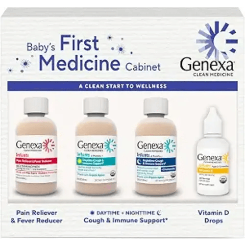 Genexa Baby’s First Medicine Cabinet, 4-Pack Gift Set – Infant Pain Relief & Fever Reducer, Organic Baby Cough Syrup and Vitamin D 400 IU, Dye-Free Baby Health Essentials for Infants & Toddlers