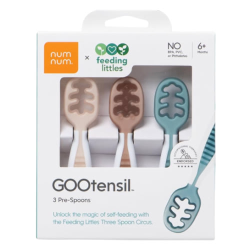 NumNum Baby Spoons Set, Feeding Littles x Silicone Pre-Spoon GOOtensils for Baby Led Weaning, Self-Feeding & Teething, First Stage Toddler Utensils for Ages 6+ Months, 3-Pack, BPA-Free (Neutrals)