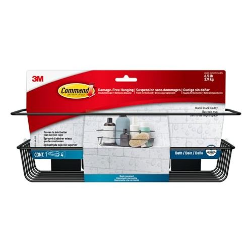 Command Shower Caddy Matte Black with Water Resistant Strips, Bathroom Organizer, Holds up to 6.5 lbs