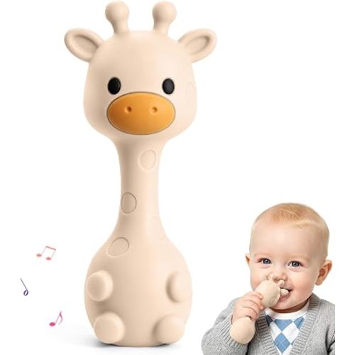 Baby Teething with Rattle Toys 3-6 6-12 Months, BPA Free Silicone Baby Teether, Infant Chew Toys for Teething Relief, Baby Gifts for Newborn Boys Girls, Easy-Grip, Beige