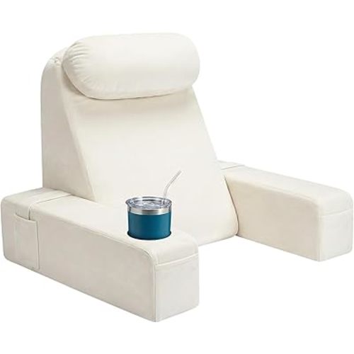 AS AWESLING Reading Pillow for Adults, Back Pillow for Bed Sitting Up, Backrest Pillow for Sitting in Bed, Detachable Arms with Built-in Cup & Phone Caddy (Beige, 21 INCH)