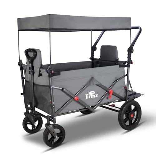 TMZ Collapsible Foldable Wagon Cart with Quick-Release Wheels and 2 Seats, Heavy Duty Wagon 265LBS Load Capacity for Camping Garden Shopping (Grey)