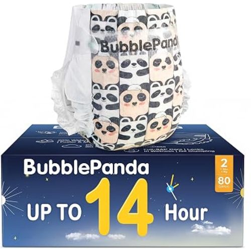 BubblePanda Overnight Diapers, Baby Diapers Nighttime Protection with Dual Absorbent Core, Wider Absorbent Zone, Leak Proof & Soft Surface, Disposable(Size 2, Count 80)