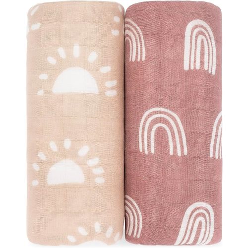 Comfy Cubs Muslin Swaddle Blankets Pack of 2, 47 x 47 Inch Soft Cotton Baby Blanket Set, Large Multipurpose Wraps for Newborns - Self-Soothing Swaddles for Newborns - Sun & Rainbow
