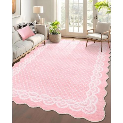 8'x10' Washable Scalloped Area Rug - Lace Pink Low Pile Non-Slip Rug for Living Room, Bedroom & Nursery