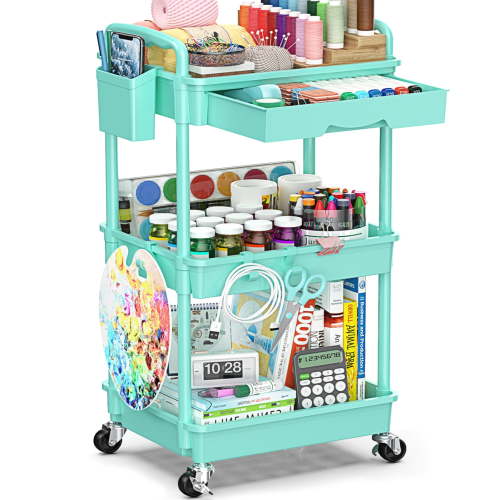 3 Tier Rolling Utility Cart with Removable Drawer, Bathroom Storage Organizer with 2 Lockable Wheels, Mobile Shelving Unit for Kitchen, Office, Snack, Craft, Makeup, Baby Essentials, Blue