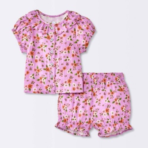Baby Girls' Floral Scallop Collar Short Sleeve and Shorts Set - Cloud Island™ Purple 12M
