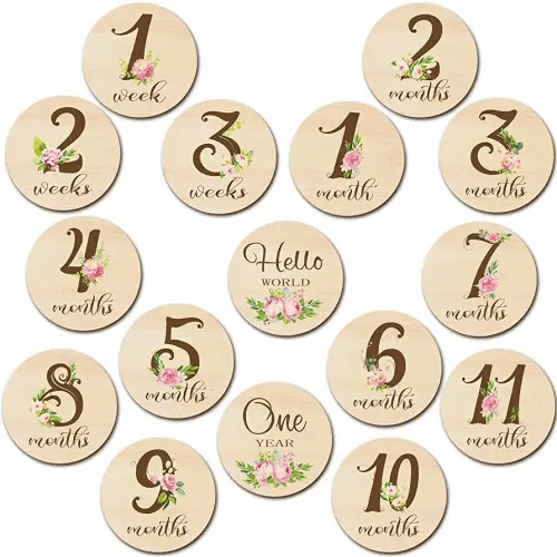 Tiamon 16 Pieces Wooden Baby Monthly Milestone Cards Monthly Milestone Marker Discs Double Sided Wooden Circles Months Signs for Baby Shower Newborn Photo Props(Flower)