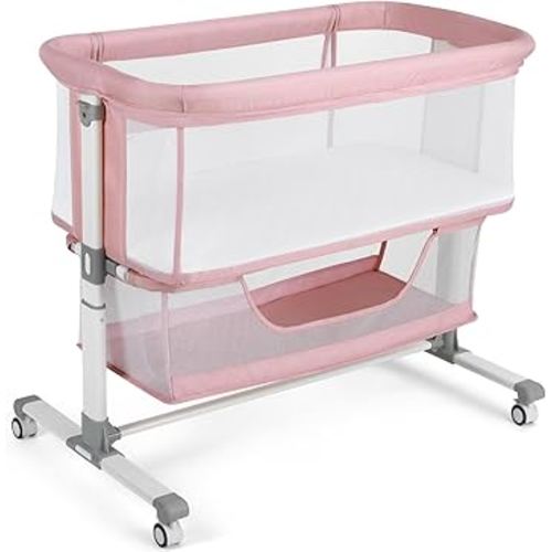 Cowiewie Bassinet Bedside Sleeper, Portable, Breathable, Adjustable Baby Bedside Bassinet for Peaceful Nights, Pink