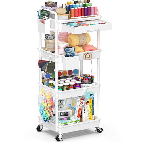 4 Tier Rolling Utility Cart with Removable Drawer, Bathroom Storage Organizer with 2 Lockable Wheels, Mobile Shelving Unit for Kitchen, Office, Snack, Craft, Makeup, Baby Essentials, White
