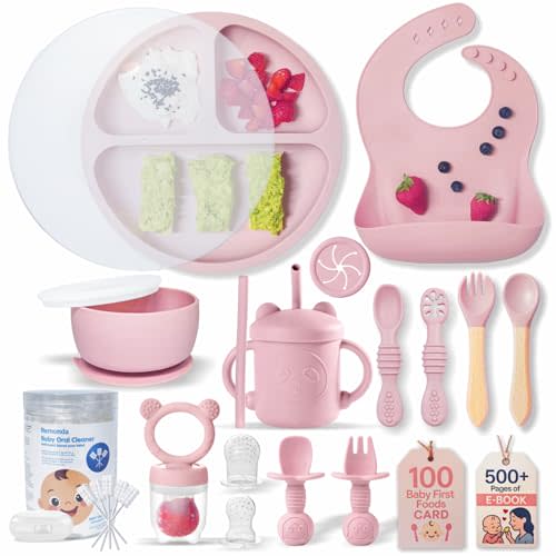 Remonda 23-Piece BPA-Free Silicone Baby Feeding Set | Extra Large Suction Plates, Toddler Bowls, Self Feeding Spoons, and More | Dishwasher Safe| Baby Led Weaning Supplies (Pink)