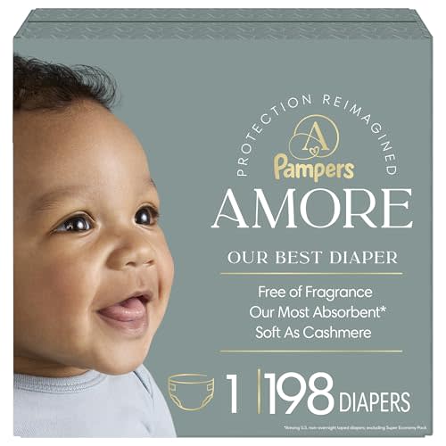 Pampers Amore, Size 1 (8-14 lbs), 198 Count, Our Best Diaper – Hypoallergenic & Fragrance Free, Up to 100% Leakproof, Soft as Cashmere
