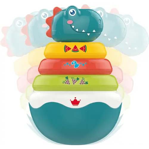 PlenPLAY Baby Tummy Time Toys - Dino Stacking Toys for Age 6+ Months, Weeble Wobble Toys for Babies 6 9 12 Months, Stacking Rings STEM Learning Toy, Sensory Learning Toy (Dinosaur), Small, Blue