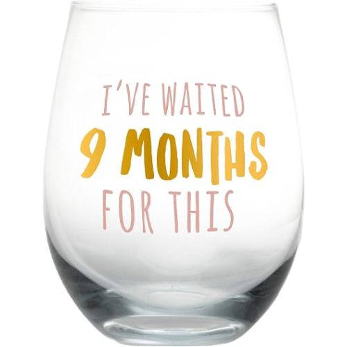 Pearhead I’ve Waited 9 Months Stemless Wine Glass, Gift for New Mom, Funny Pregnancy Gift, 16 oz