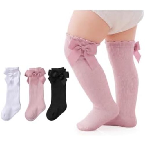 Century Star 3 Pairs Baby Knee High Socks Toddler Girl Bow Long Socks 0-3 T