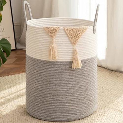 OIAHOMY Large Laundry Basket Hamper - 60L Cotton Rope Woven Basket for Blankets, Toys, Clothes - Tall Decorative Nursery Hamper with Long Handles, Grey/White