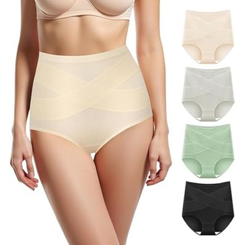 Women's High Waisted Underwear Slightly Tummy Control Cotton Panties Full Coverage Postpartum Briefs 4 Pack