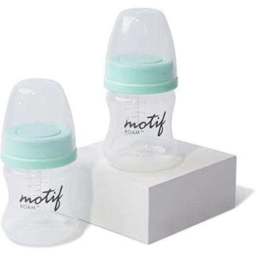 Motif Medical Breast Milk Storage Bottles for Roam Pump - Durable Plastic Breastfeeding Essentials w/Disks, Covers & Nipple Caps - Breast Milk Container (Set of 2, 5oz)