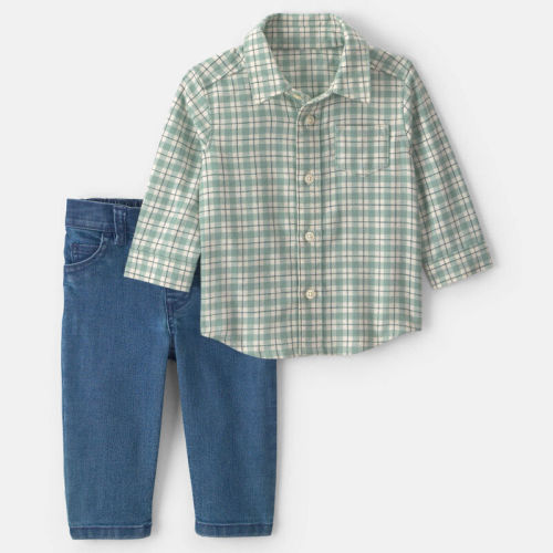 Baby Boy 2-Piece Plaid Flannel Long-Sleeve Top & Pant Set - Green/Indigo | Carter’s Oshkosh Canada