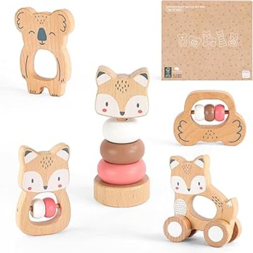 Wooden Montessori Toys, 5-Piece Wooden Baby Toys, Koala Wooden Baby Rattle, Fox Stacking Ring Baby Toys, Little Fox Wooden Baby Push and Pull Toys,Newborn Baby Gift Sets for Boys and Girls