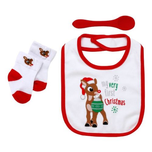 Rudolph the Red-Nosed Reindeer 3 Piece Bib, Spoon and Socks Set