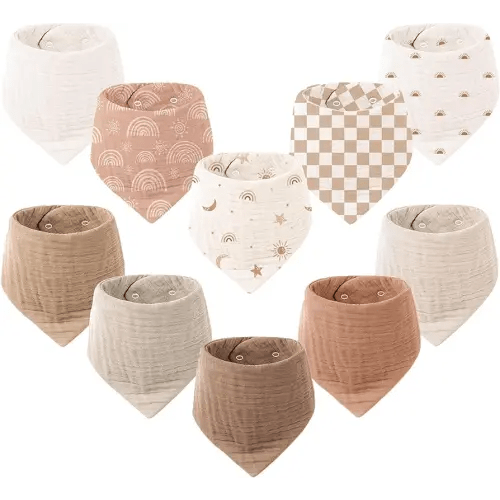 Konssy Muslin Baby Bibs 10 Pack Baby Bandana Drool Bibs 100% Cotton for Unisex Boys and Girls, Soft Absorbent Set for Teething and Drooling