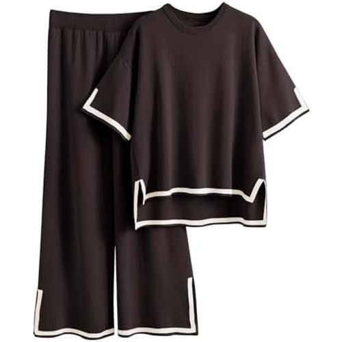 Tanming Sweater Sets Women 2 Piece Lounge Sets Short Sleeve Knit Pullover Tops Wide Leg Pants