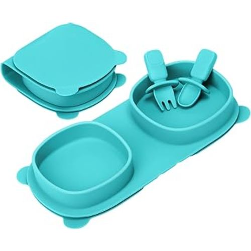 Silicone Foldable Novelty Dinner Plates,Suction Plates for Baby Travel Essential with Forks and Spoons,Microwave & Dishwasher Safe,Aqua