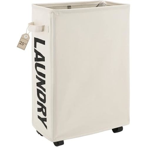 TOTANKI 25" Rolling Slim Laundry Basket on Wheels, Foldable Laundry Hamper with Handle, Collapsible Laundry Sorter and Organizer, Tall Storage Basket Bin (Beige)
