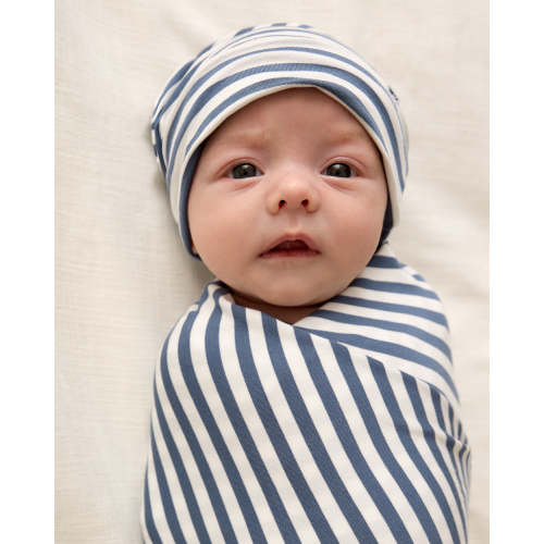 Hazy Blue Stripe Swaddle & Infant Beanie Set | Little Sleepies