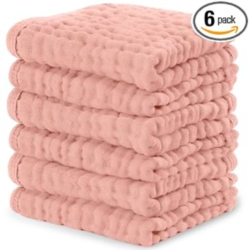 Comfy Cubs Muslin Baby Washcloths 10"x10" 6 Pk - Bold Blush | Soft 6-Layer 100% Muslin Washcloths for Sensitive Skin - Gentle Absorbent Baby Cotton Washcloths for Newborns and Toddlers