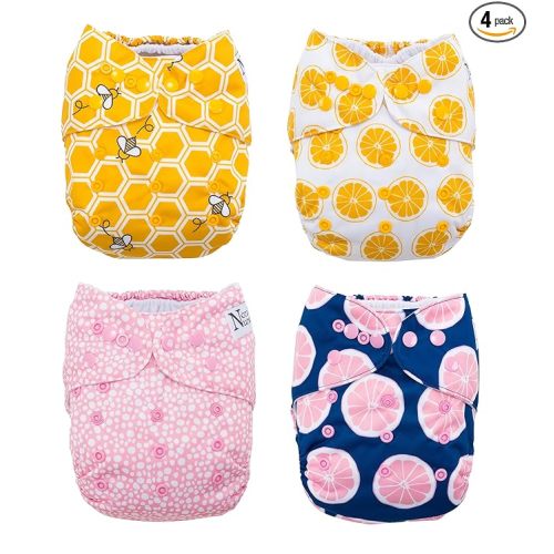 Nora's Nursery Cloth Pocket Diapers 4 Pack with 4 Inserts - Waterproof Cover, Washable, Reusable & One Size Adjustable Pocket Diapers for Newborns and Toddlers - The Bee's Knees