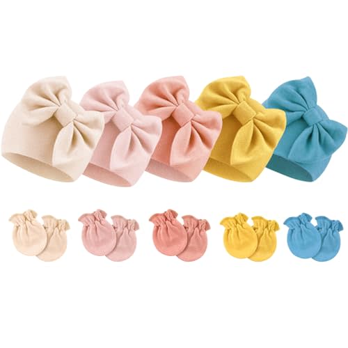 BQUBO Newborn Baby Girls Hats Mittens Set Hospital Hat Beanie Infant Bow Hats Baby Cotton Gloves for 0-6 Months