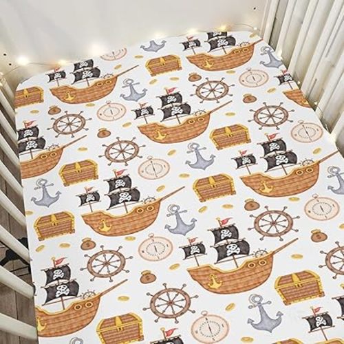 Cute Pirate Treasure Map Baby Crib Sheets for Boy Girl 52x28Inch Pirates Ship Rudder Anchors Compass Soft Snug Fitted Crib Mattress Cover Adventure Baby Sheet for Standard Crib & Toddler Bed Mattress