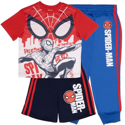 Marvel Spider-Man Boys 3-Piece Superhero Jogger Set - Spidey, Miles Morales Graphic T-Shirt, Shorts, & Sweatpants Bundle