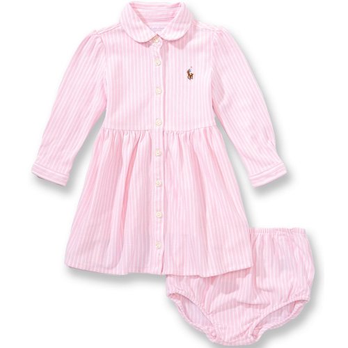 Ralph Lauren Baby Girls Puff Long Sleeve Stripe Knit Oxford Dress