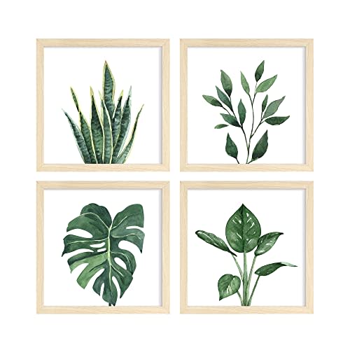 ArtbyHannah Framed Bathroom Wall Decor, 10x10 Inch Botanical Wall Art with Sage Green Plant Print for Wall Decoration, Minimalist Restroom Decor (Natural)