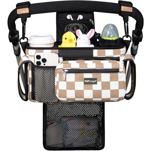 TOPDesign Universal Baby Stroller Organizer, Stroller Caddy with Detachable Mesh Bag & Heightened Insulated Cup Holders & Non-Slip Secure Hooks Accessories, Fits Most Strollers (Khaki Checkered)