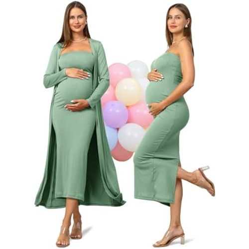 Rnxrbb 2 Piece Maternity Dress Cardigan Baby Shower Wedding Guest Summer Gender Reveal Photoshoot Tube Maternity Dress Long