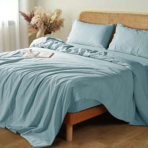 Shilucheng 100% French Linen Sheets - King Size Bed Sheets, Breathable & Cooling Pure Linen Sheets,Soft Durable and Tear Resistant -16 Inch Deep Pocket - 4Pcs (Ocean Blue, King)
