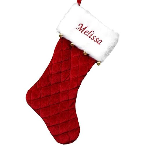 GiftsForYouNow Red Velvet Quilted Personalized Christmas Stocking with Bells, 21", Embroidered Stocking with Name, Custom Christmas Stocking, Red Stocking