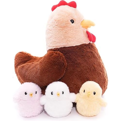 Plush Hen and 3 Baby Chick Set – Large 15.75" Soft Stuffed Chicken Toy with Hidden Chick Storage – Cuddly Farm Animal Plushie Gift for Kids, Toddlers & Baby Nursery Decor