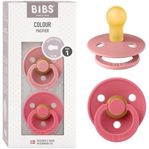 BIBS Pacifiers Colour Collection | Natural Rubber Baby Pacifier | Set of 2 BPA-Free Soothers | Made in Denmark | 0+ Months (Pack of 2) | Dusty Pink/Cora