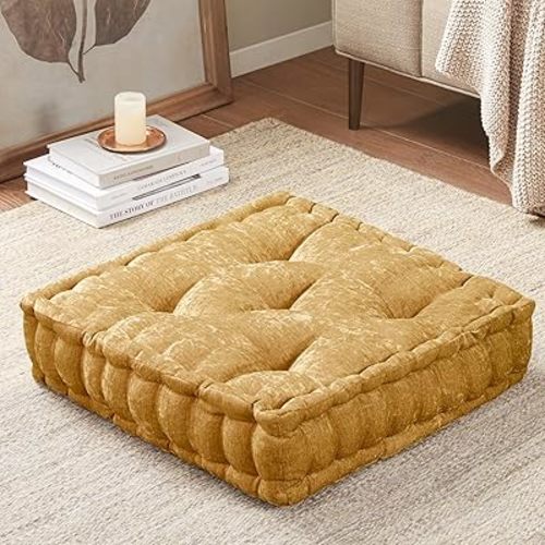 Intelligent Design Azza Floor Pillow, Large Cushions Sitting for Adults, Floor Pillow for Meditation or Yoga, Lustrous Chenille Tufted with Scalloped Edges for Bench/Chair Cushion, 20"x20"x5" Yellow