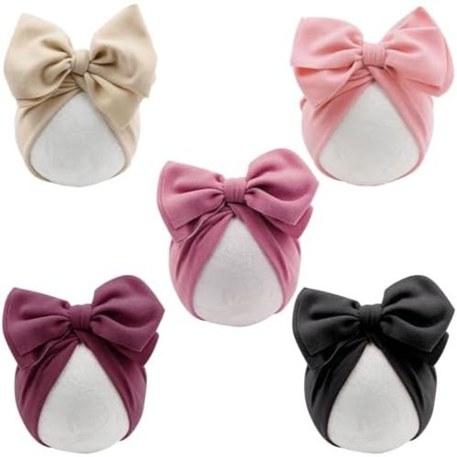 DRESHOW BQUBO 5 PCS Baby Cotton Hats Big Bow Knotted Headwrap Turban Baby Infant Beanie Baby Girl Soft Toddler Cap for Winter